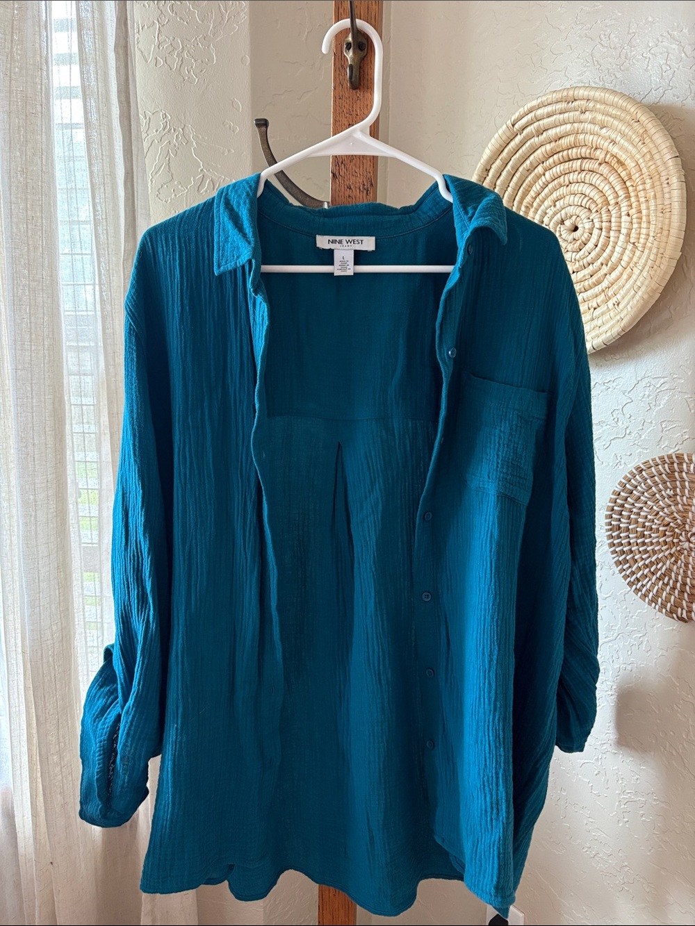 Nine West Teal Textured Button-Up Shirt